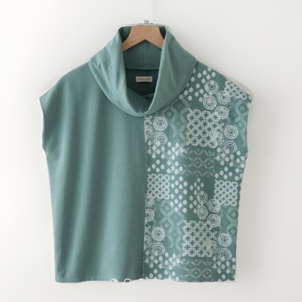 Garnet Hill Green Cowl Neck Knit Top Sz L Relaxed Fit Pullover Boho Print Lounge
